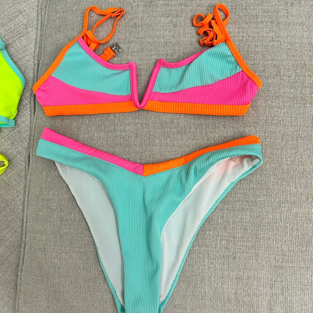 Colorblock Ribbed Bikini Set in Aqua, Hot Pink & Orange